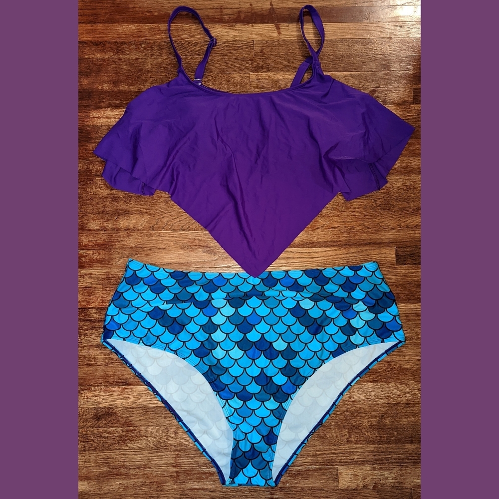 NWOT Rosegal mermaid scale purple blue boho high waisted bikini set size 4X 22